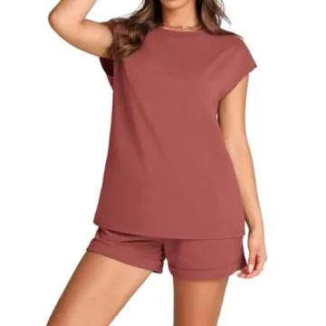 WIHOLL Two Piece Outfits for Women Summer Clothes High Wiasted Shorts Jogger Set Burgundy L