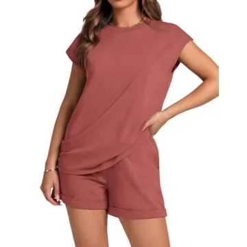 WIHOLL Two Piece Outfits for Women Summer Clothes High Wiasted Shorts Jogger Set Burgundy L