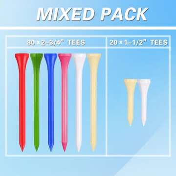 EWILLING Multiple Coloured Painted-on Designs/Primary Color Golf Tees Pack of 100,Natural Bamboo/Wood Golf Tees Size 3-1/4 inch，2-3/4 inch and 1-1/2 inch Mixed Package (Mixed Colors)