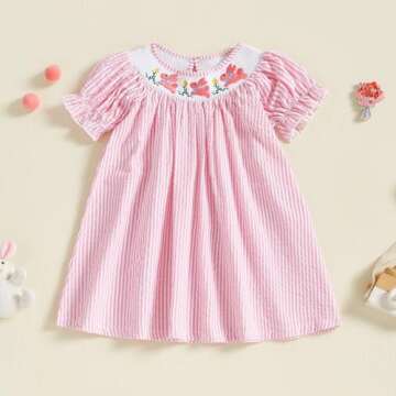 YolanerBaby Toddler Little Baby Girl Easter Bunny Dress Puff Short Sleeve Stripes Smocked Dresses Ea...