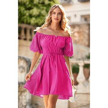 PRETTYGARDEN Women's Off The Shoulder Babydoll Dress Short Puff Sleeve Casual A Line Ruffle Summer Dresses (Solid Rose Red,Small)