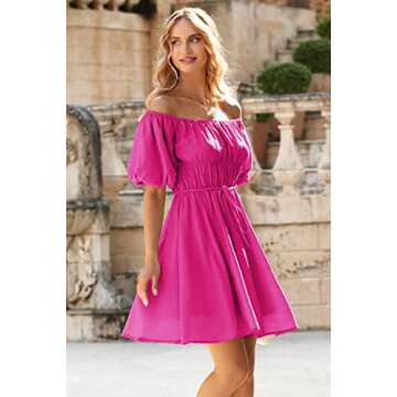 PRETTYGARDEN Women's Off The Shoulder Babydoll Dress Short Puff Sleeve Casual A Line Ruffle Summer Dresses (Solid Rose Red,Small)