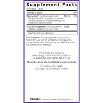 New Chapter Magnesium + Ashwagandha Supplement, 325 mg with Magnesium Glycinate, 2.5x Absorption, Muscle Recovery, Heart & Bone Health, Calm & Relaxation, Gluten Free, Non-GMO - 90 ct (3 Month Supply)