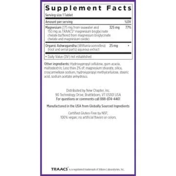 New Chapter Magnesium + Ashwagandha Supplement, 325 mg with Magnesium Glycinate, 2.5x Absorption, Muscle Recovery, Heart & Bone Health, Calm & Relaxation, Gluten Free, Non-GMO - 90 ct (3 Month Supply)