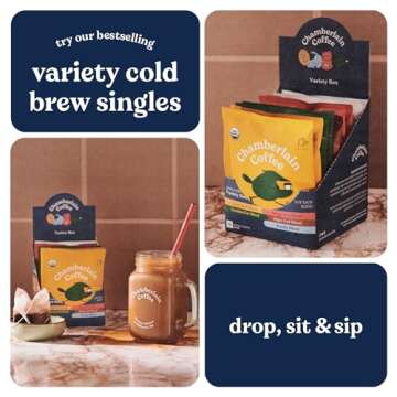Chamberlain Coffee Variety Box Single Serve Bags - Includes 5 Blends, Original Family Blend, Early Bird Blend, Night Owl Blend, Careless Cat Blend, Social Dog Blend - 10 Single Serve Cold Brew Sachets
