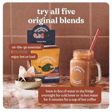 Chamberlain Coffee Variety Box Single Serve Bags - Includes 5 Blends, Original Family Blend, Early Bird Blend, Night Owl Blend, Careless Cat Blend, Social Dog Blend - 10 Single Serve Cold Brew Sachets