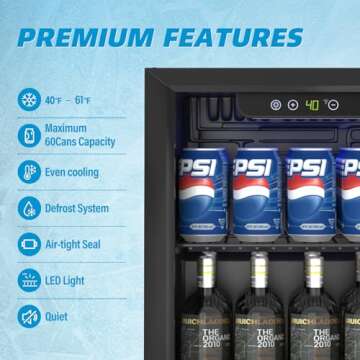 Erivess Compact Beverage Refrigerator,60 Can/1.3 Cubic Feet Mini Fridge with Glass Door for Soda, Beer, or Wine, Under Counter Small Refrigerator with Adjustable Shelves and Digital Display