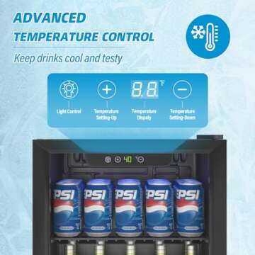 Erivess Compact Beverage Refrigerator,60 Can/1.3 Cubic Feet Mini Fridge with Glass Door for Soda, Beer, or Wine, Under Counter Small Refrigerator with Adjustable Shelves and Digital Display