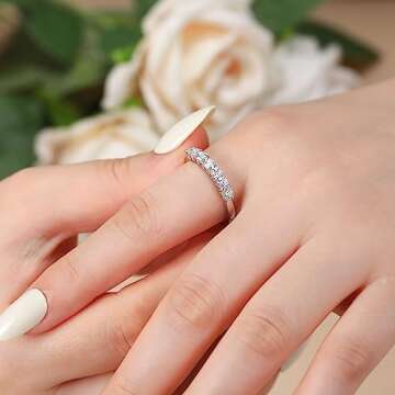 Ladylike Moissanite Wedding Band for Women 925 Sterling Silver Wedding Rings 0.7ct D Color VVS1 Lab Created Half Eternity Stackable Anniversary Rings for Her