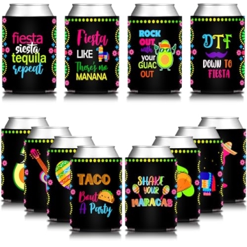 Apinwin 12PCS Colorful Mexican Party Can Cooler Sleeve, Taco Bout a Party Birthday Can Cover, Cumple...