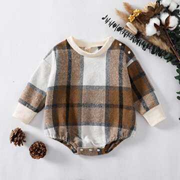 DNOMAID YZARC Baby Girl Boy Plaid Flannel Sweatshirt Romper Oversized Crewneck Long Sleeve Onesie Bo...