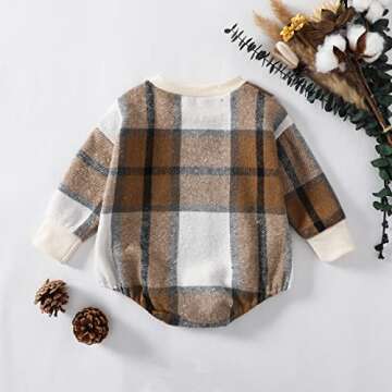 DNOMAID YZARC Baby Girl Boy Plaid Flannel Sweatshirt Romper Oversized Crewneck Long Sleeve Onesie Bodysuit Fall Winter Outfit (Coffee, 6-12 Months)