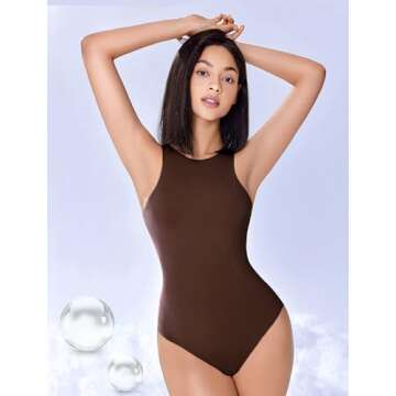 Avidlove Bodysuits for Women Mock Neck Body Suit Sleeveless Sexy Body Suits Tank Tops Bodysuit with Snap Closure(Brown,XS)
