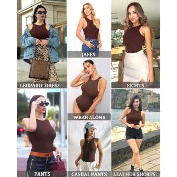 Avidlove Bodysuits for Women Mock Neck Body Suit Sleeveless Sexy Body Suits Tank Tops Bodysuit with Snap Closure(Brown,XS)