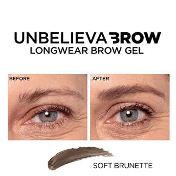 L’Oréal Paris Unbelieva-Brow Longwear Waterproof Tinted Brow Gel, Smudge-resistant, Transfer- Proof, Quick Drying, Easy and quick application with precise brush, Soft Brunette, 0.15 fl. oz.
