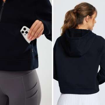 BALEAF Women's Half Zip Cropped Sweatshirt High Neck Long Sleeve Crop Pullover Athletic Ribbed Corset Hems Cozy