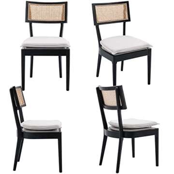 ZHENGHAO Farmhouse Dining Chairs Set of 2, French Country Rattan Cane Back Kitchen Chairs Upholstered Comfy Chairs Retro Chairs with Wood Legs for Dining Room/Living Room, Black
