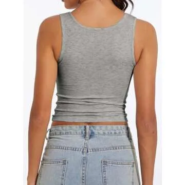 AnotherChill Women's Ribbed Crop Tank Tops Scoop Neck High Back Basic Sleeveless Rib Shirt Summer Athletic Top (Heather-Grey, Small)