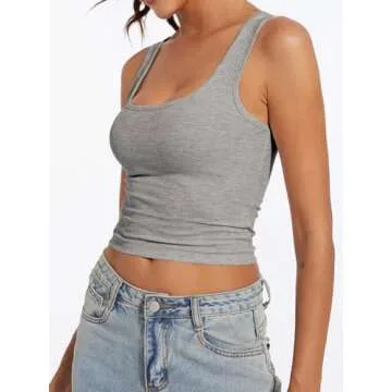 AnotherChill Women's Ribbed Crop Tank Tops Scoop Neck High Back Basic Sleeveless Rib Shirt Summer Athletic Top (Heather-Grey, Small)