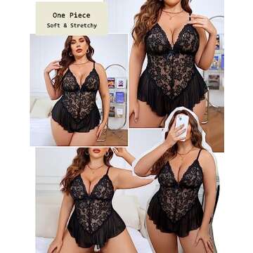 Avidlove Black One Piece Bodysuit Women Plus Size Lace Lingerie Mesh Chemise One Piece Teddy Babydoll Nightgown
