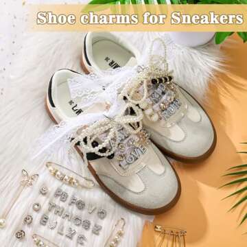 AIERSA Shoe Charms for Sneakers Socks, 93pcs Letter Shoe Lace Charms Jewelry, Pearl Junk Charms Pins, Stylish Shoe Decoration Charms Accessories for Women, Clothes, Hats, Brooch Pins Buttons