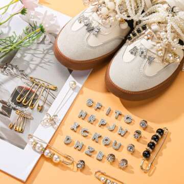 AIERSA Shoe Charms for Sneakers Socks, 93pcs Letter Shoe Lace Charms Jewelry, Pearl Junk Charms Pins, Stylish Shoe Decoration Charms Accessories for Women, Clothes, Hats, Brooch Pins Buttons