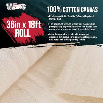 U.S. Art Supply 7-Ounce Unprimed 36" Wide x 6 Yards (18 Feet) Long Unstretched Canvas Roll - 100% Co...