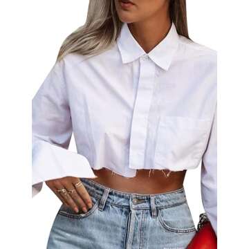 Remidoo Women's Asymmetrical Hem Long Sleeve Button Up Shirt Crop Top Blouse White Medium