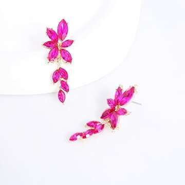 ATIMIGO Elegant Hot Pink Rhinestone Dangle Earrings Cluster Crystal Wedding Bridal Earrings for Brides Bridemaids Formal Prom Statement Drop Earrings for Women