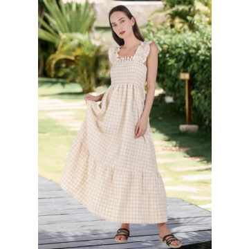 Chouyatou Women's Retro Plaid Smocked Dress - Stylish & Versatile | Khaki