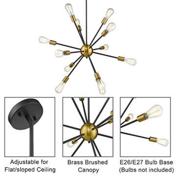 JAZAVA Modern Sputnik Chandelier Light Fixture, 12 Light Starburst Chandelier Pendant Lighting, Ceiling Lights for Kitchen Bedroom, Black & Brass Brushed