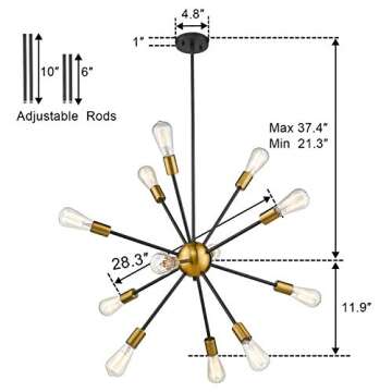 JAZAVA Modern Sputnik Chandelier Light Fixture, 12 Light Starburst Chandelier Pendant Lighting, Ceiling Lights for Kitchen Bedroom, Black & Brass Brushed