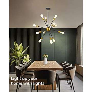 JAZAVA Modern Sputnik Chandelier Light Fixture, 12 Light Starburst Chandelier Pendant Lighting, Ceiling Lights for Kitchen Bedroom, Black & Brass Brushed