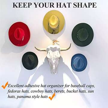 FOTYRIG Adhesive Hat Hooks Hat Hangers 10lbs Sticky Wall Rack for Baseball Caps, Bucket Hats, Cowboy Hats, Extended Wooden Pegs Handmade - Bathroom Door Cloest Entryway Wardrobe-8 Pack