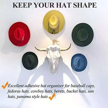 FOTYRIG Adhesive Hat Hooks Hat Hangers 10lbs Sticky Wall Rack for Baseball Caps, Bucket Hats, Cowboy Hats, Extended Wooden Pegs Handmade - Bathroom Door Cloest Entryway Wardrobe-8 Pack