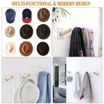 FOTYRIG Adhesive Hat Hooks Hat Hangers 10lbs Sticky Wall Rack for Baseball Caps, Bucket Hats, Cowboy Hats, Extended Wooden Pegs Handmade - Bathroom Door Cloest Entryway Wardrobe-8 Pack