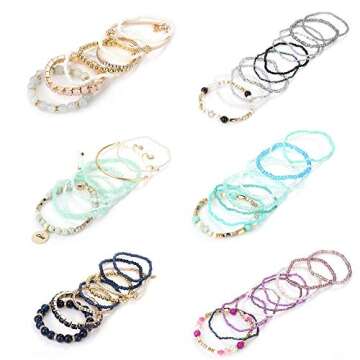 LOYALLOOK 6 Sets Bohemian Stackable Bead Bracelets for Women Stretch Bohemian Style Stretch Multilayered Boho Bracelet Set