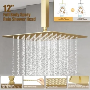 ESNBIA Gold Shower System 12 Inches Rain Shower Head Set