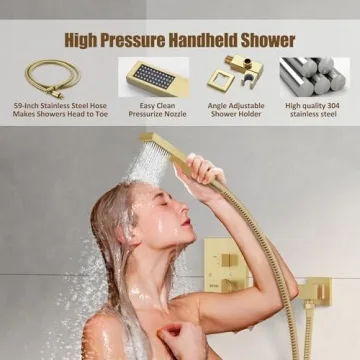 ESNBIA Gold Shower System 12 Inches Rain Shower Head Set