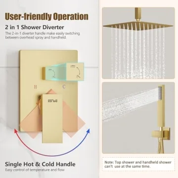 ESNBIA Gold Shower System 12 Inches Rain Shower Head Set