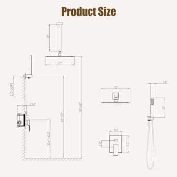 ESNBIA Gold Shower System 12 Inches Rain Shower Head Set