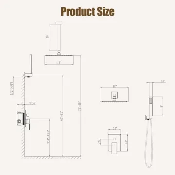 ESNBIA Gold Shower System 12 Inches Rain Shower Head Set