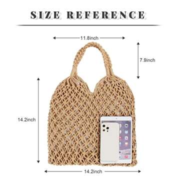 Oweisong Women Straw Travel Beach Bag Handmade Woven Fishing Net Handbag Tote Summer Weave Rattan Mesh Shoulder Purse