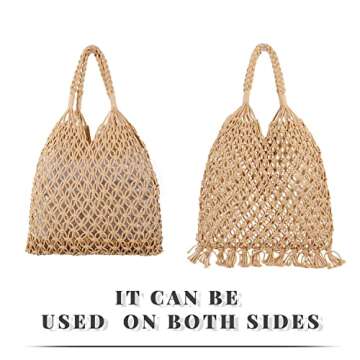 Oweisong Women Straw Travel Beach Bag Handmade Woven Fishing Net Handbag Tote Summer Weave Rattan Mesh Shoulder Purse