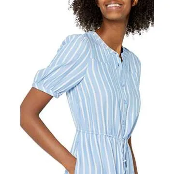 Amazon Essentials Women's Relaxed Fit Half-Sleeve Waisted Midi A-Line Dress, Blue White French Stripe, X-Small