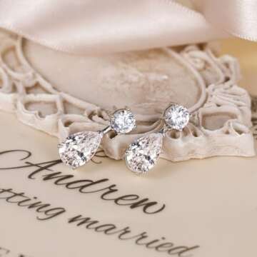 EAMTI Teardrop Bridal Wedding Earrings for Women Cubic Zirconia Crystal 925 Sterling Silver Post Pear Cut Dangle Earring for Bride Bridesmaid