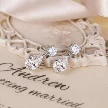 EAMTI Teardrop Bridal Wedding Earrings for Women Cubic Zirconia Crystal 925 Sterling Silver Post Pear Cut Dangle Earring for Bride Bridesmaid