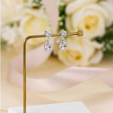 EAMTI Teardrop Bridal Wedding Earrings for Women Cubic Zirconia Crystal 925 Sterling Silver Post Pear Cut Dangle Earring for Bride Bridesmaid