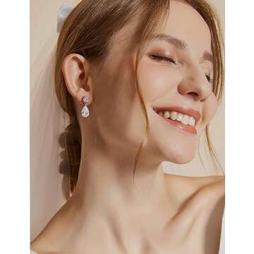 EAMTI Teardrop Bridal Wedding Earrings for Women Cubic Zirconia Crystal 925 Sterling Silver Post Pear Cut Dangle Earring for Bride Bridesmaid