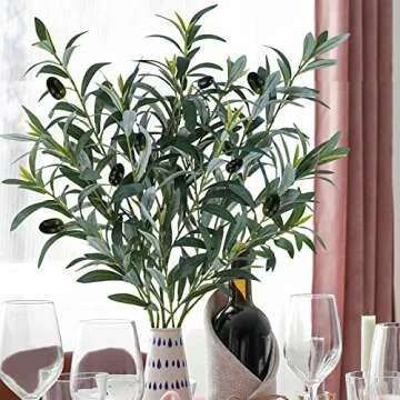 Winlyn 3 Pcs 23.6" Tall Artificial Olive Branches with 261 Leaves Lifelike Faux Eucalyptus Plant Ste...